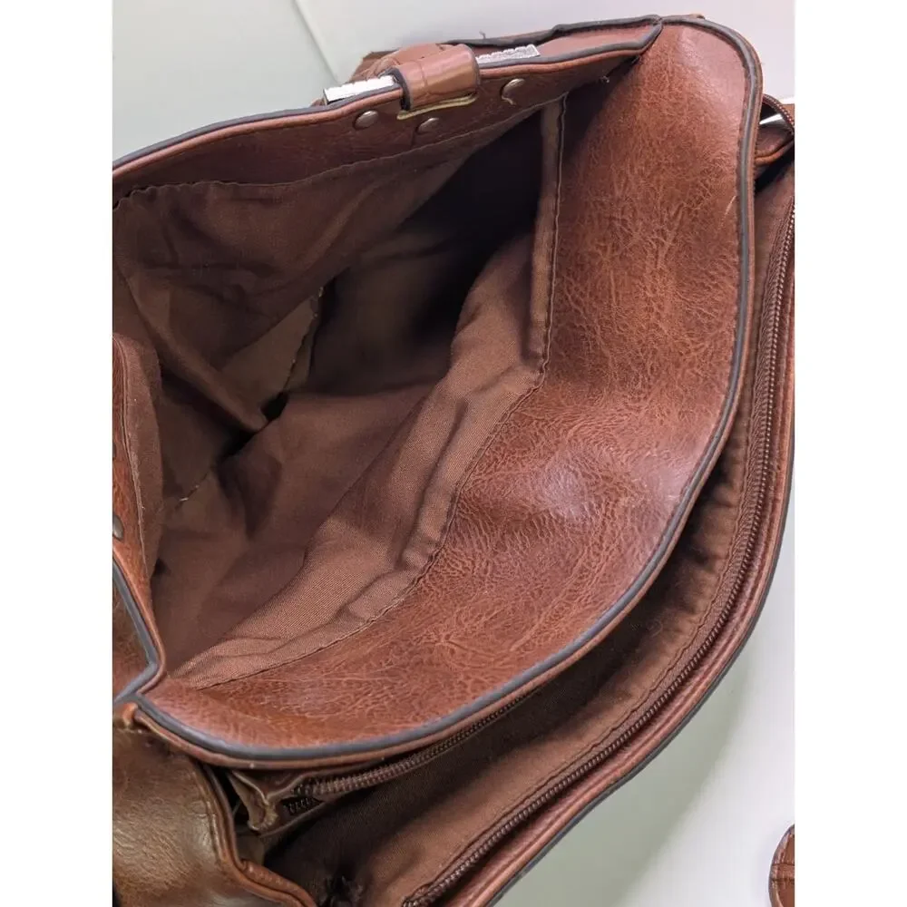 Bueno Brown Faux Leather Satchel Handbag Braided Handles Western Croc Trim